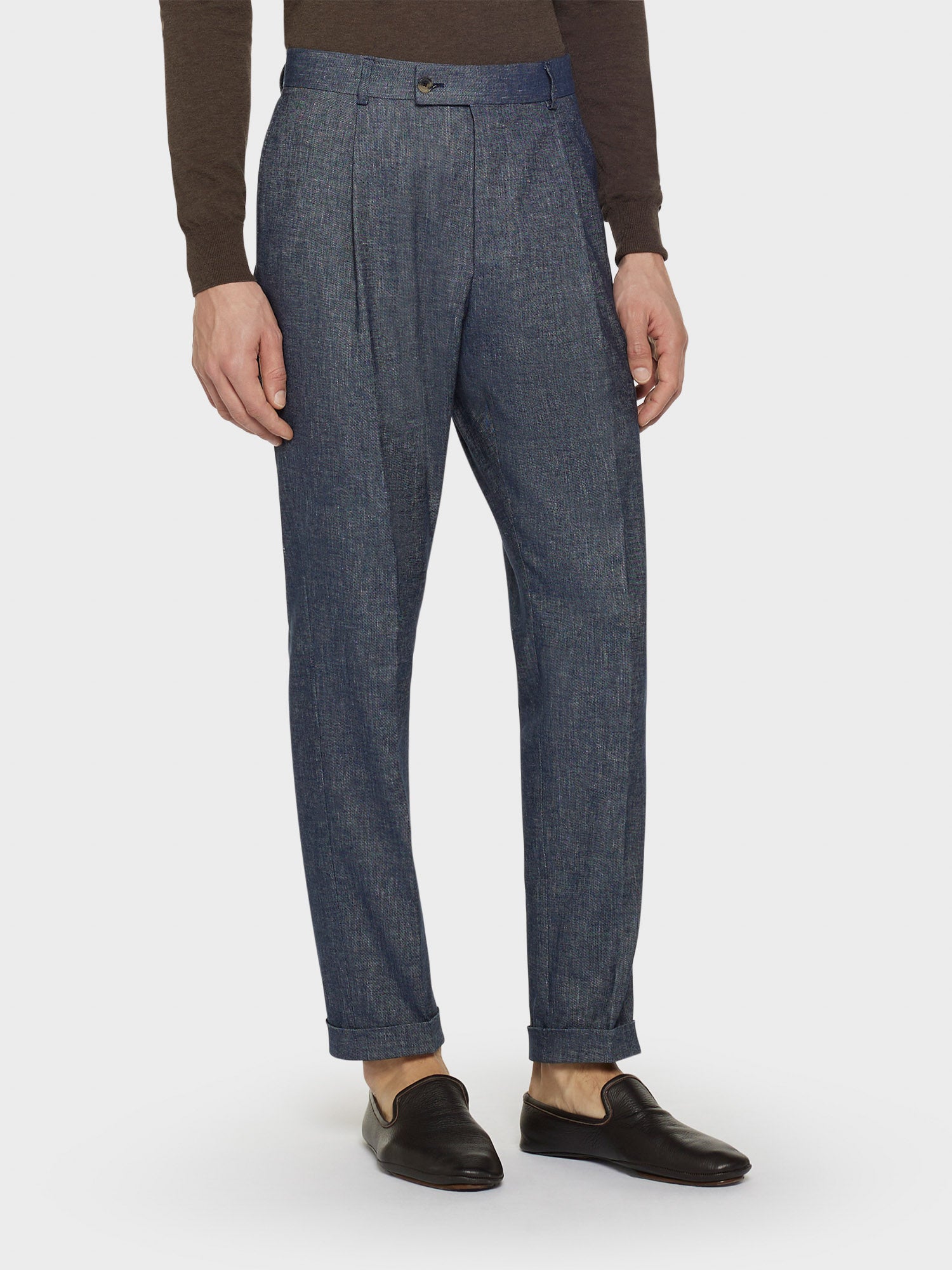 Caruso Pantalone carrot-fit in lino e cotone blu denim