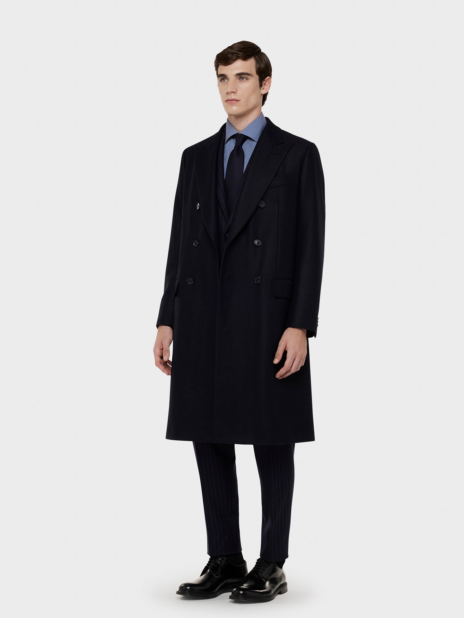 Caruso Double-breasted coat in blue cahsmere wool