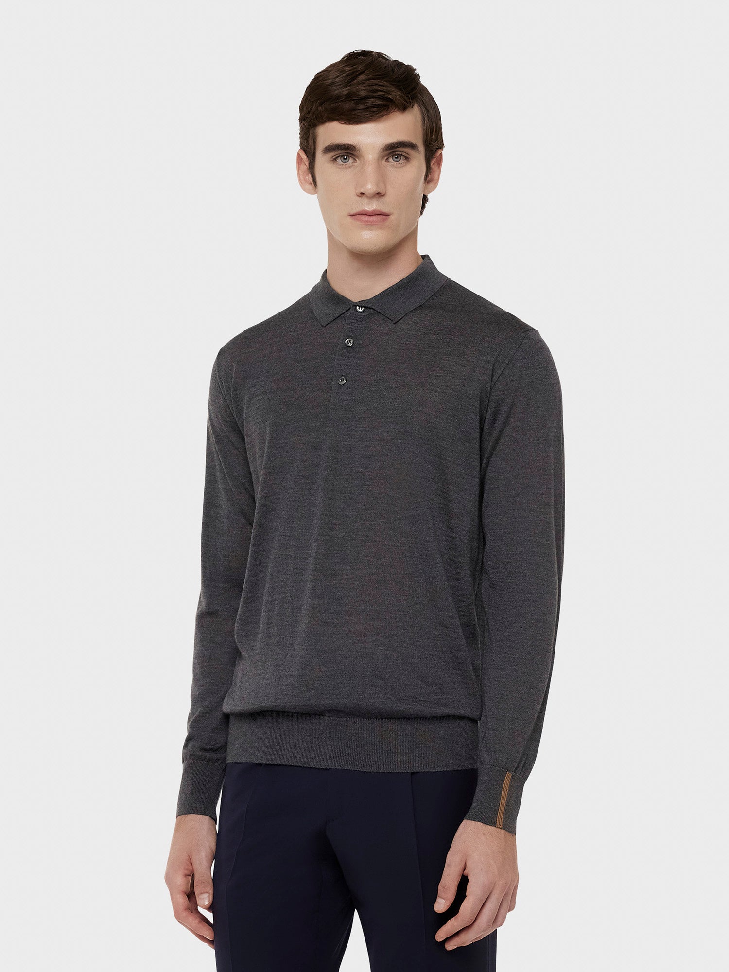 Caruso Dark grey long-sleeved polo shirt in wool, silk and cashmere