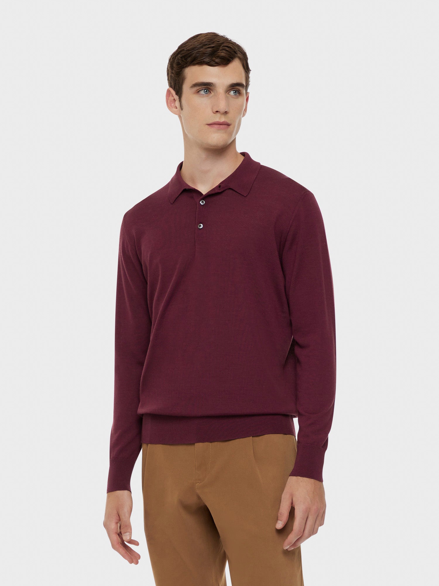 Burgundy long sleeved polo shirt in wool silk and cashmere