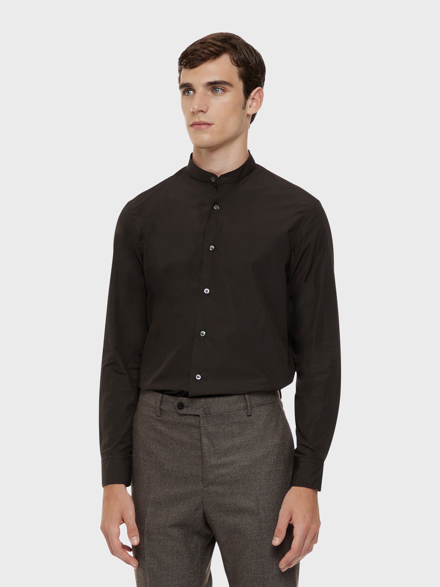 Brown cotton shirt with a band collar Brown cotton shirt with a band collar