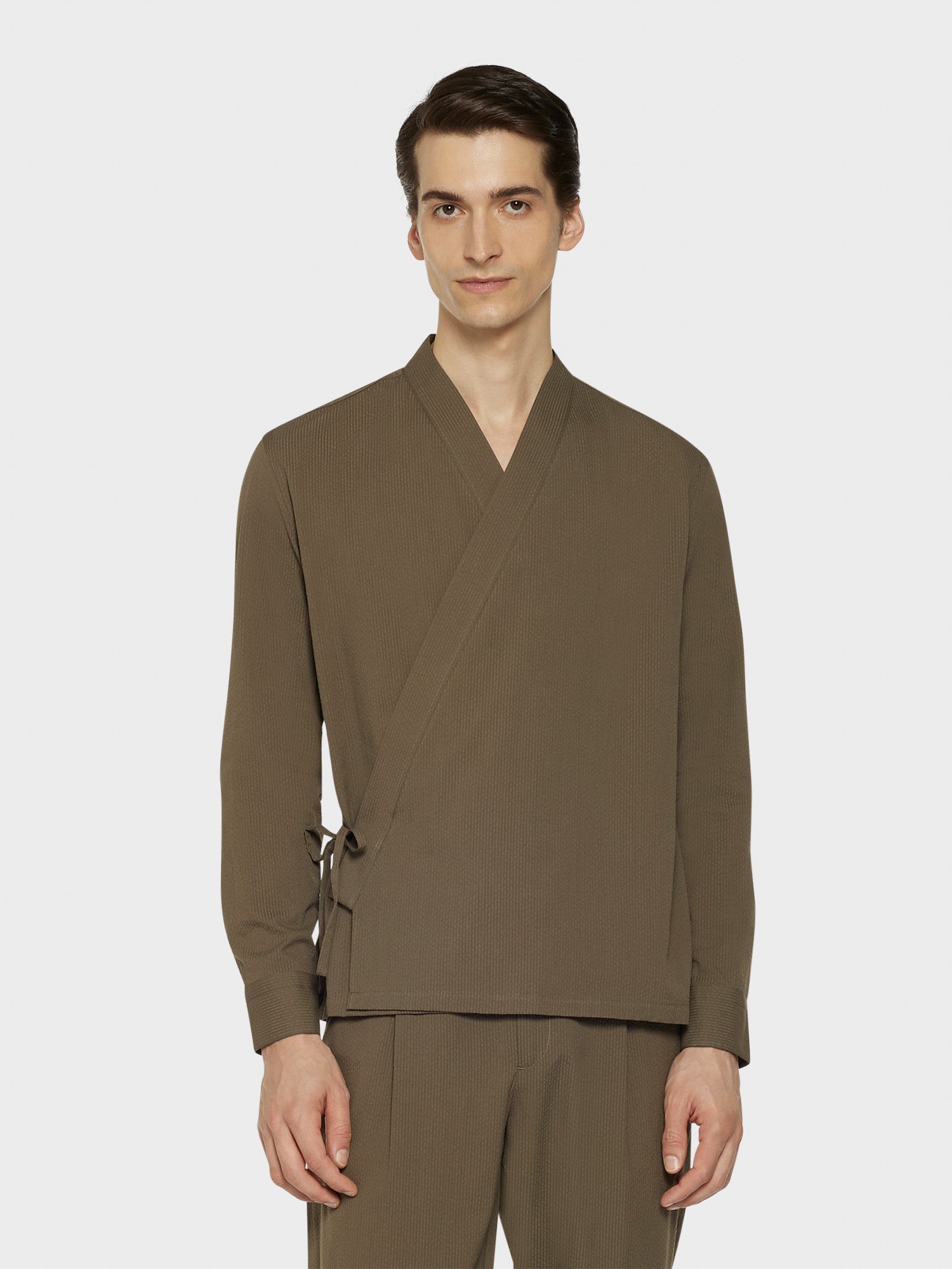 Caruso - Green cotton seersucker kimono overshirt