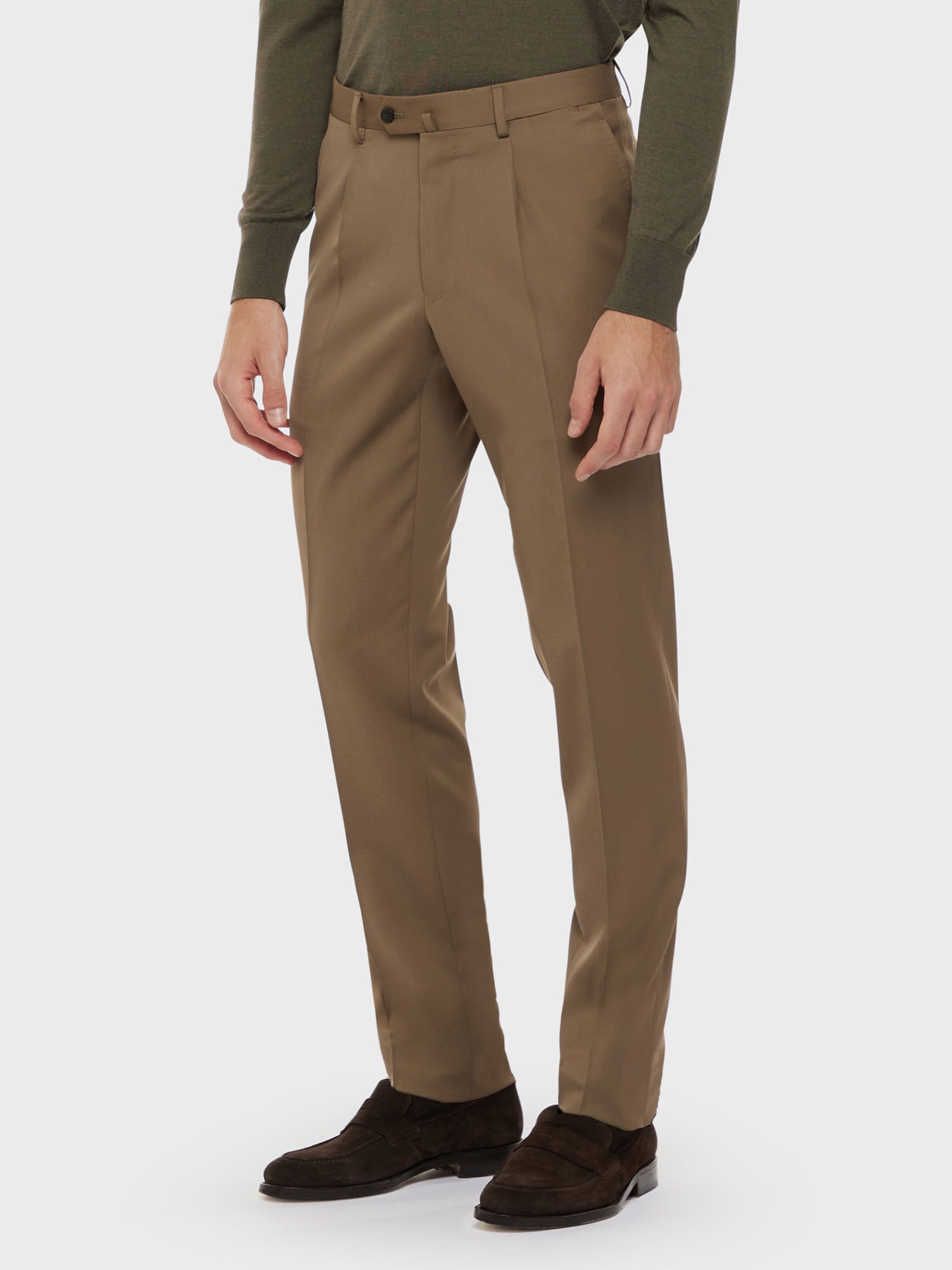 Caruso Menswear Abbigliamento Uomo Pantalone in lana tecnica beige indossato front