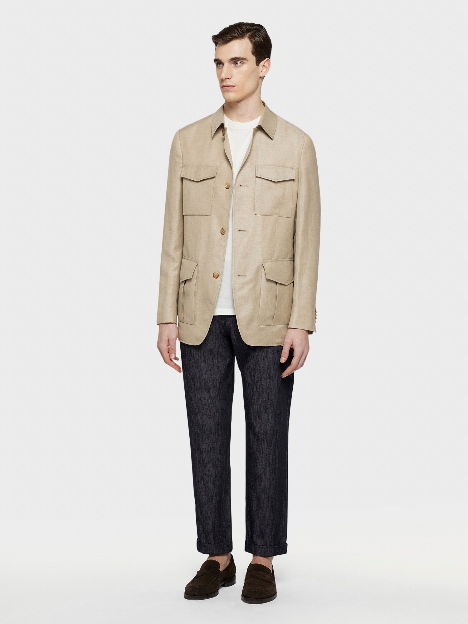 Beige sahariana jacket in wool and linen