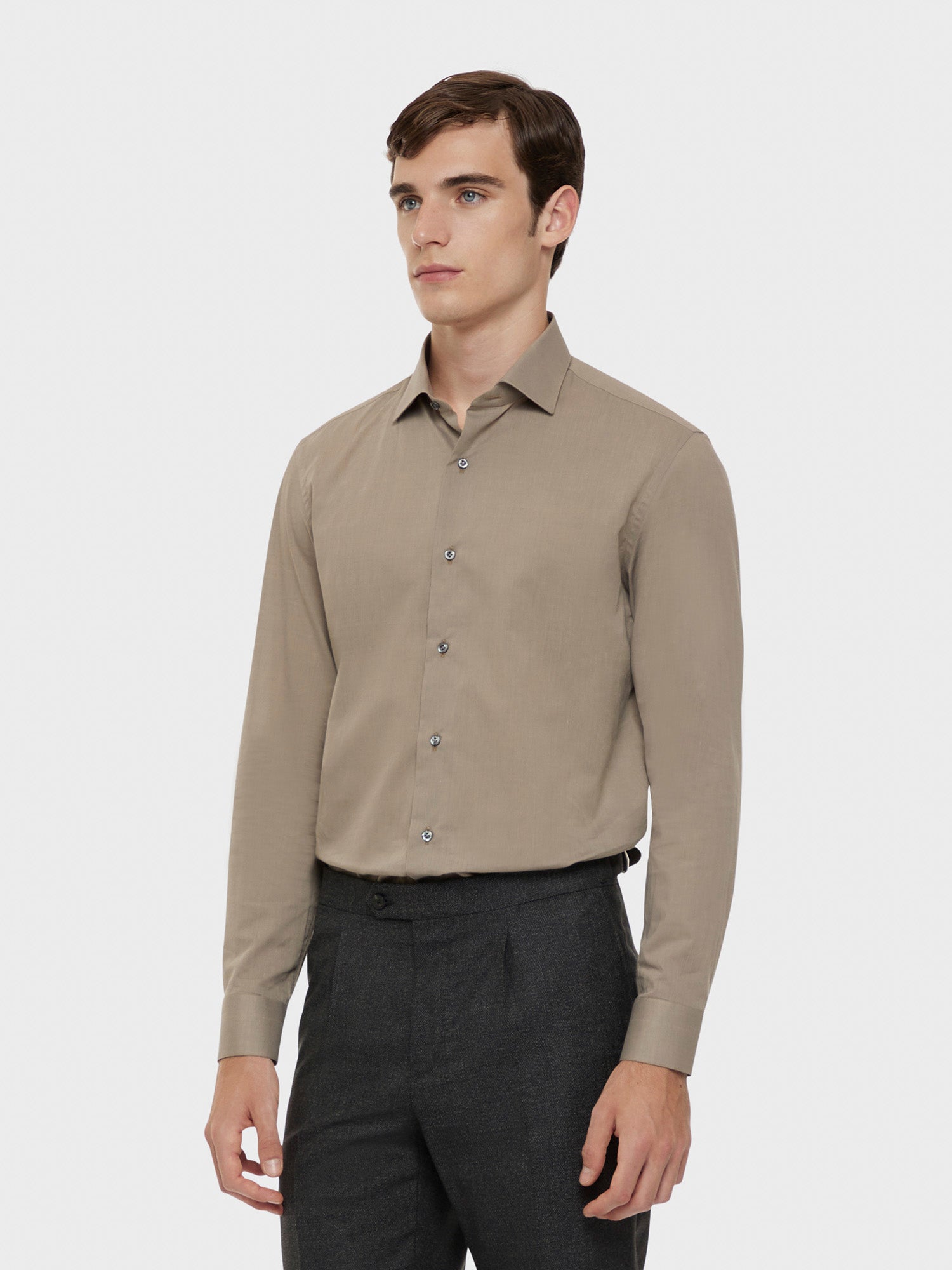 Caruso Slim fit shirt in sand cotton - Main Image