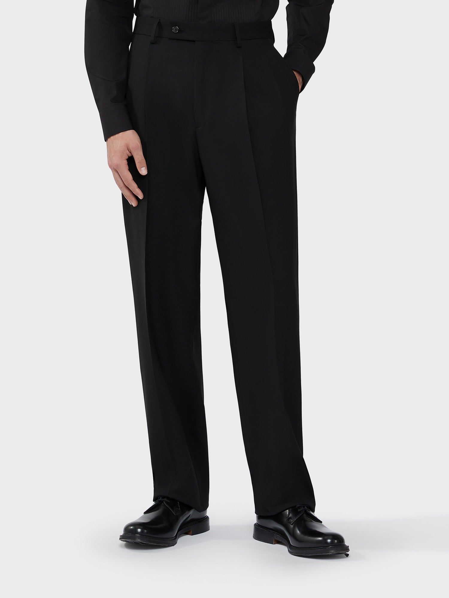 black wool dress pants Men's Designer Pleated Wide Leg in Black, 38 / round business wear and social occasions Black Houdini tropical wool trousers