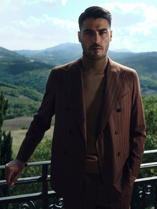 Aida double-breasted suit in brown chalk-stripe wool flannel