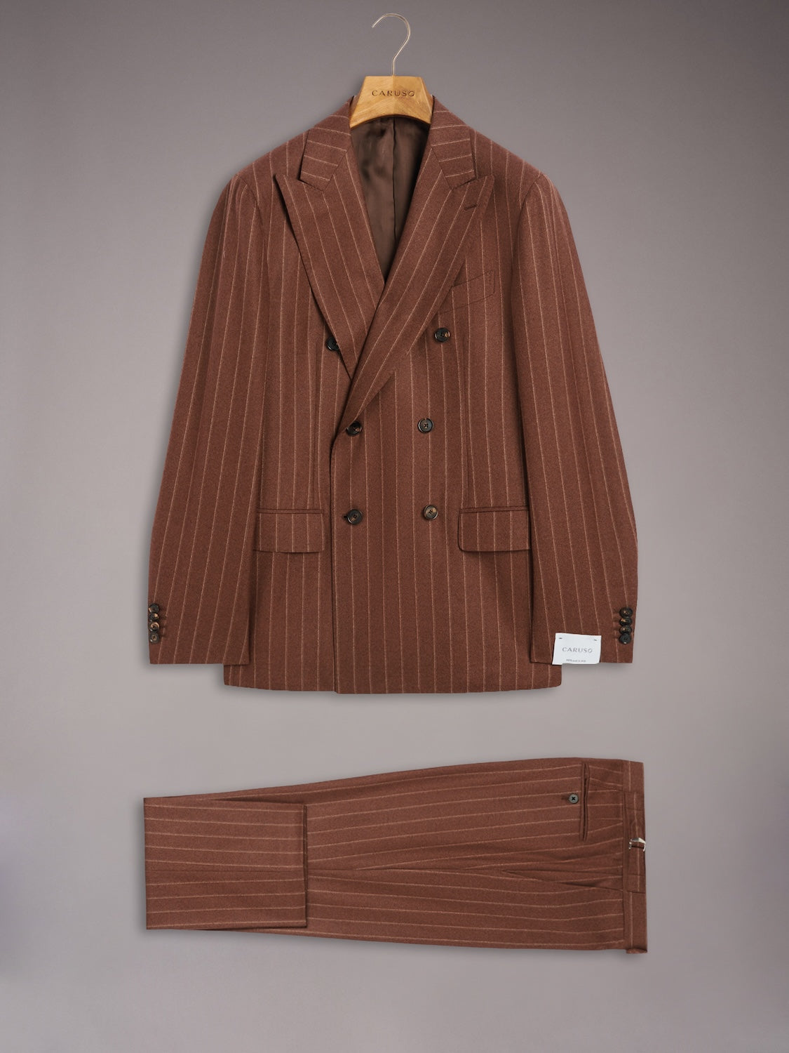 Aida double-breasted suit in brown chalk-stripe wool flannel