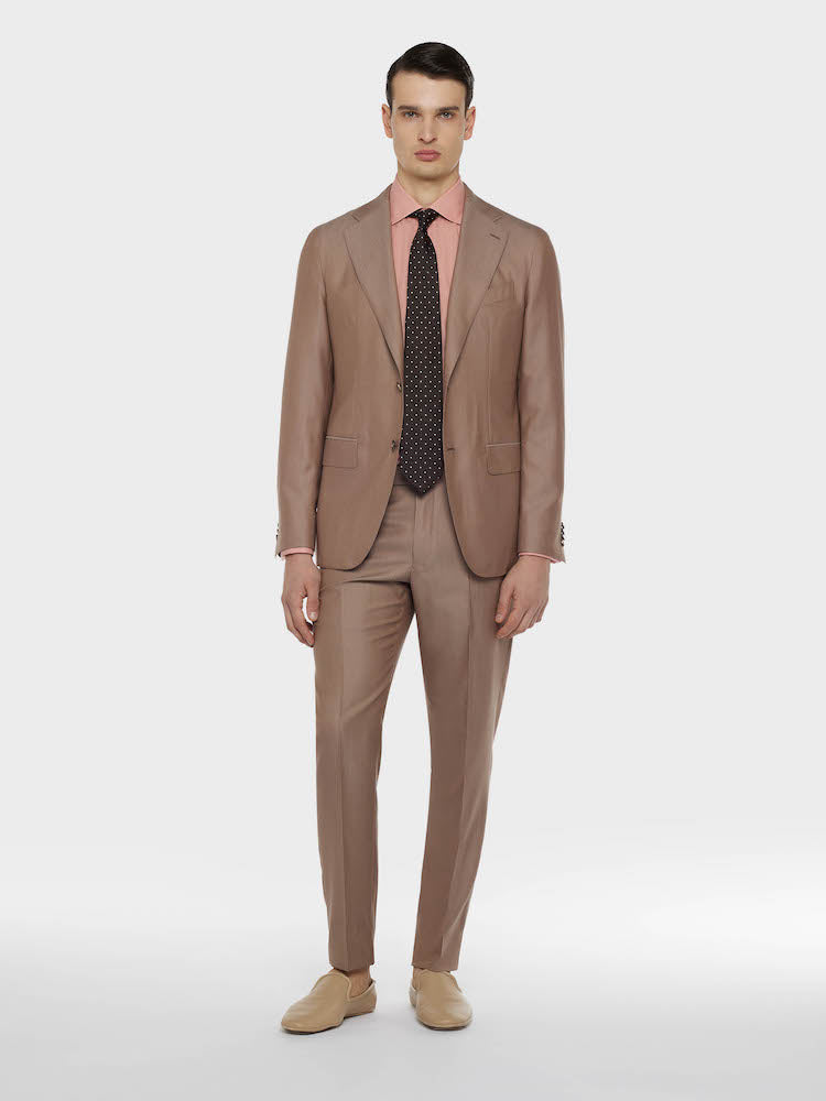 Abito aida monopetto in lana e seta beige