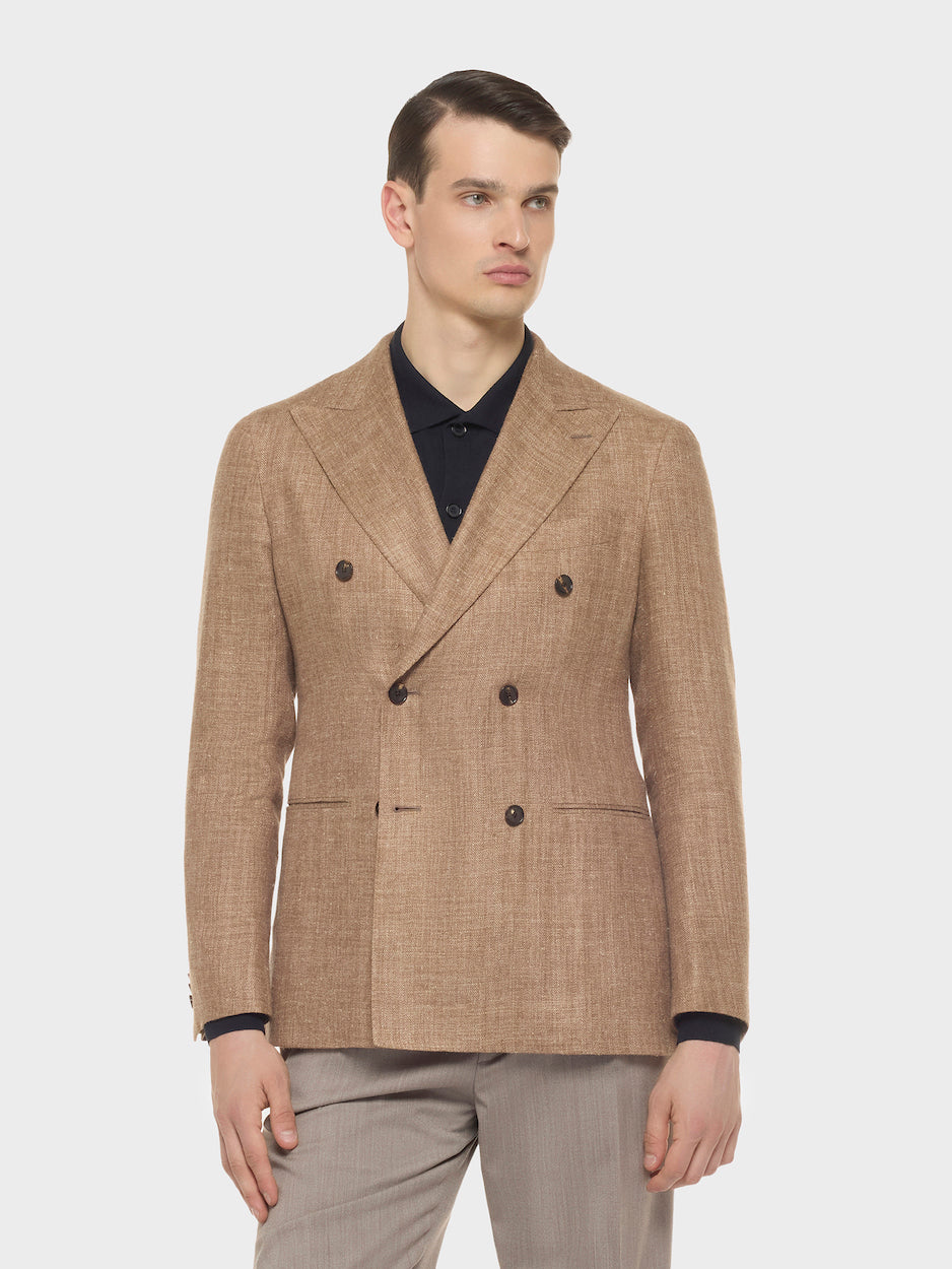 Aida Double-Breasted Jacket in Silk and Linen Brown