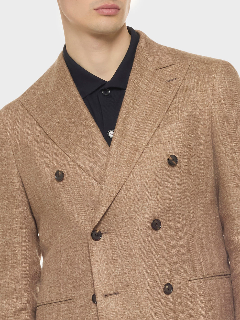 Aida Double-Breasted Jacket in Silk and Linen Brown