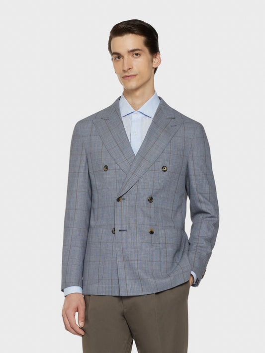Caruso Menswear Abbigliamento Uomo Giacche Giacca aida doppiopetto in lana zelander twist glen check azzurro look 3