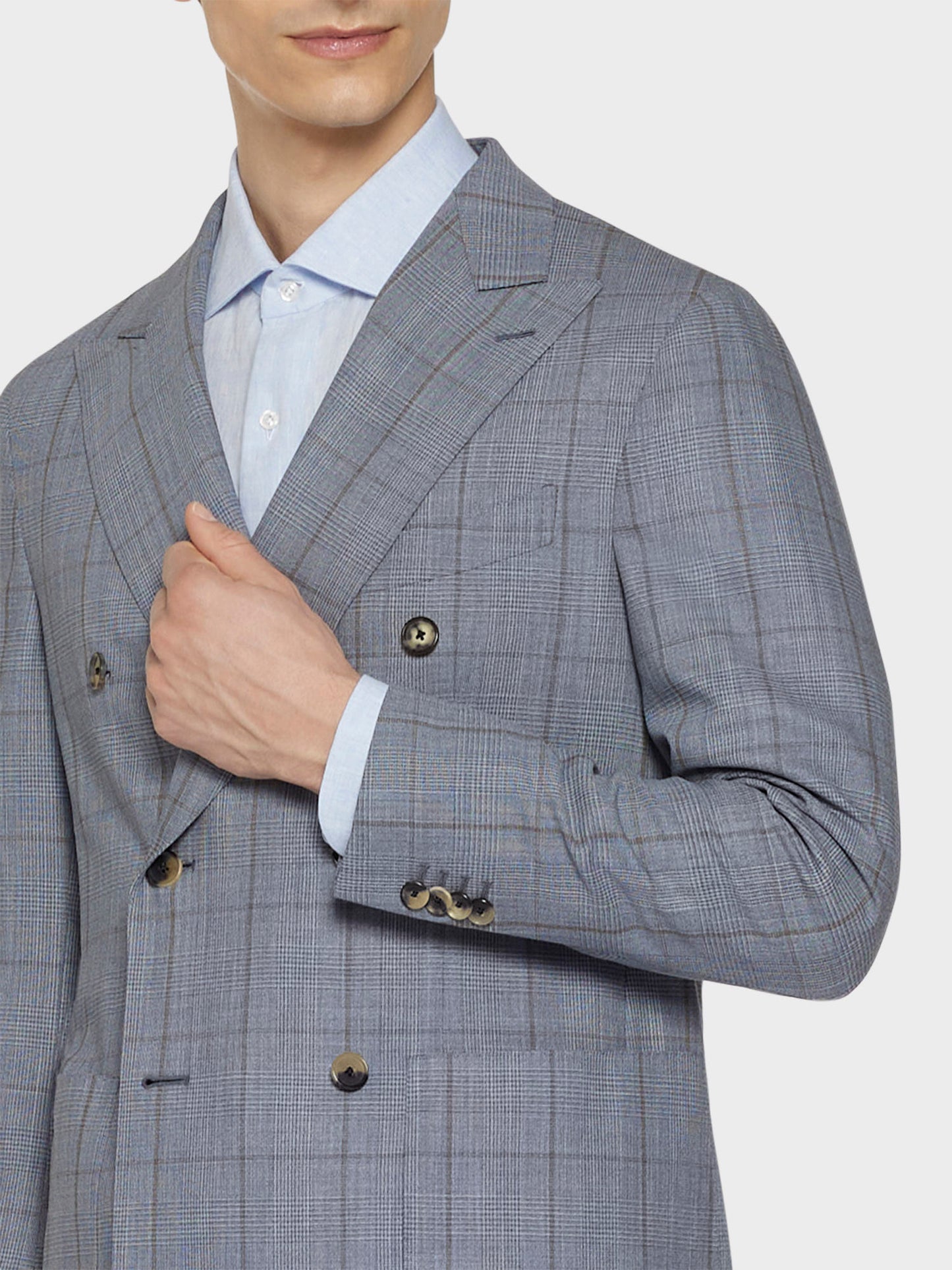 Aida double-breasted jacket in zelander twist wool glen check light blue