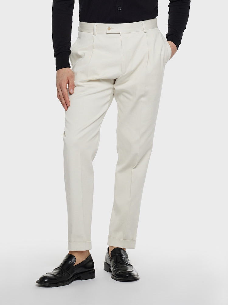 Cream Carrot-Fit Trousers in Wool Flannel