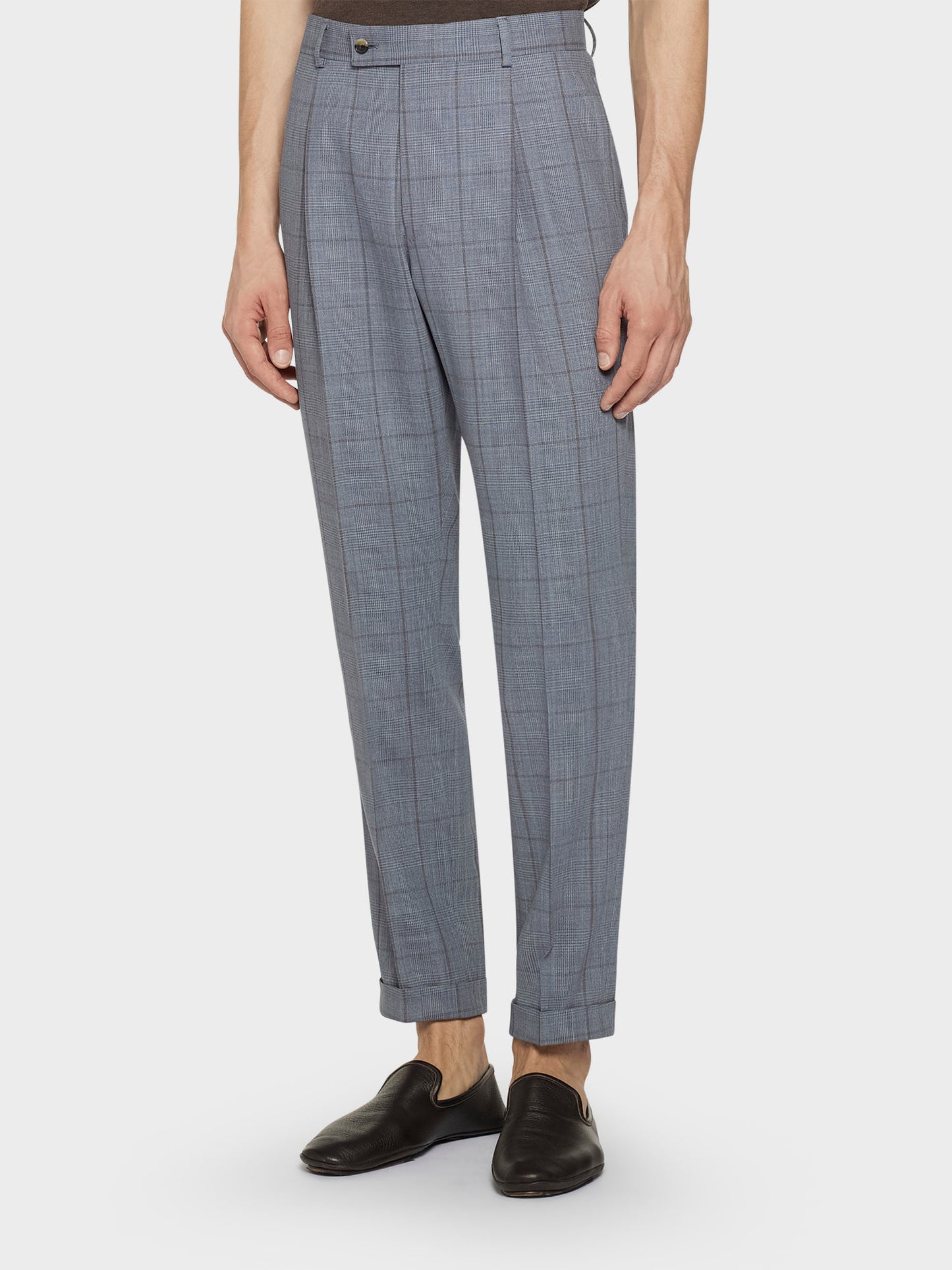 Carrot-fit trousers in zelander twist wool glen check light blue