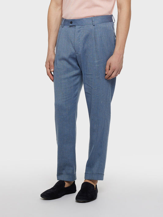 Denim Blue Carrot-Fit Trousers in Linen and Wool