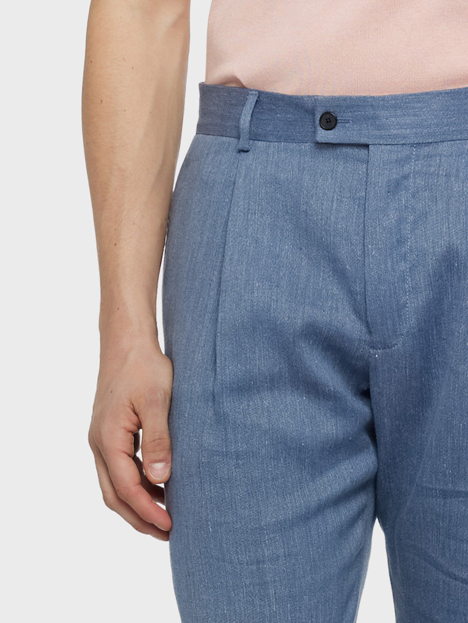 Denim Blue Carrot-Fit Trousers in Linen and Wool