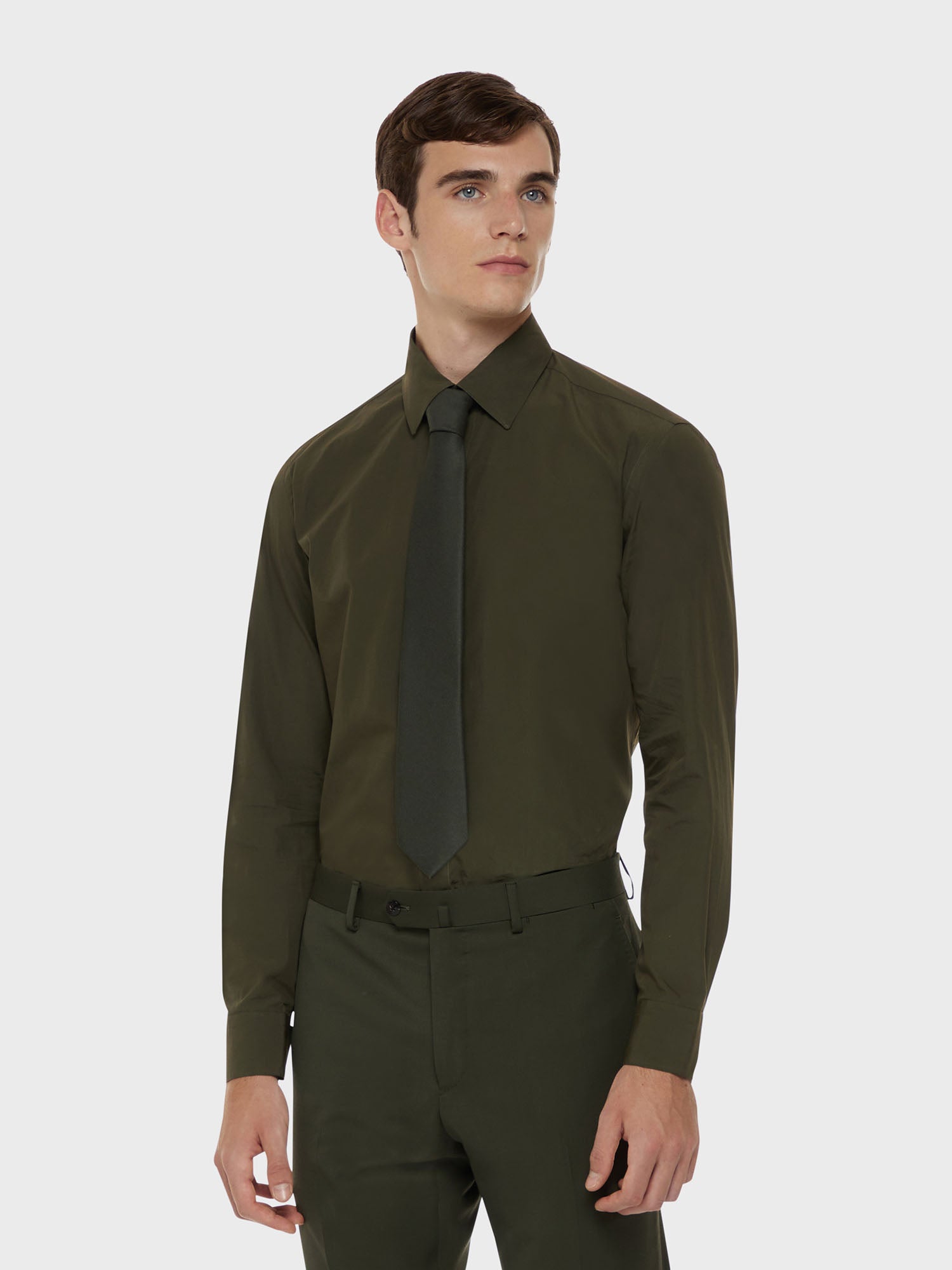 olive green dress shirt and tie