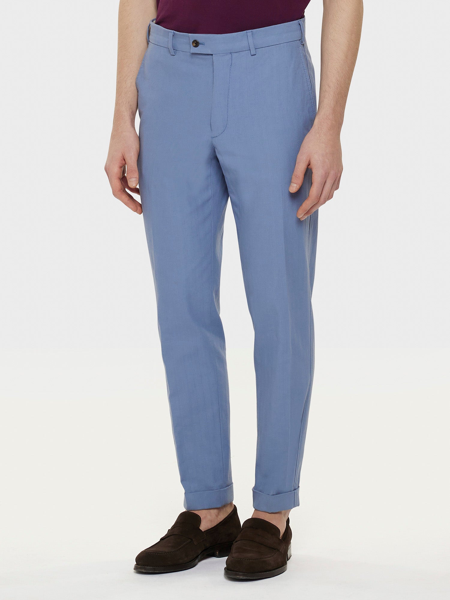 Caruso Menswear Abbigliamento Uomo Pantalone in cotone azzurro indossato front
