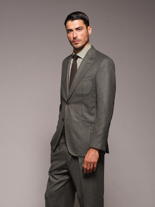 Caruso single-breasted jacket in green wool flannel