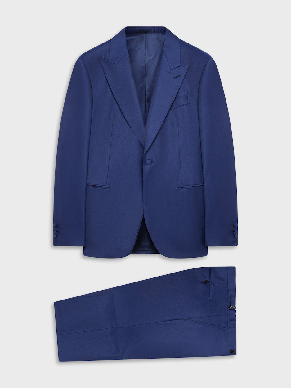 Abito carmen monopetto in lana e seta blu