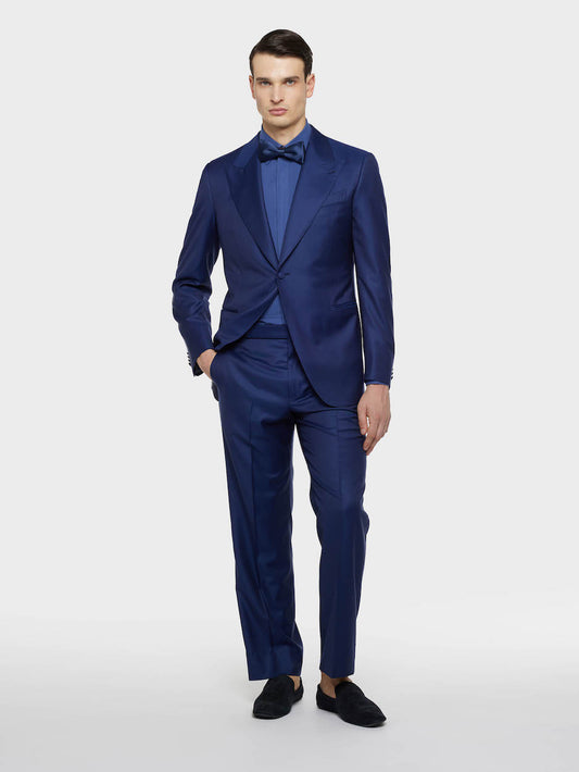 Abito carmen monopetto in lana e seta blu