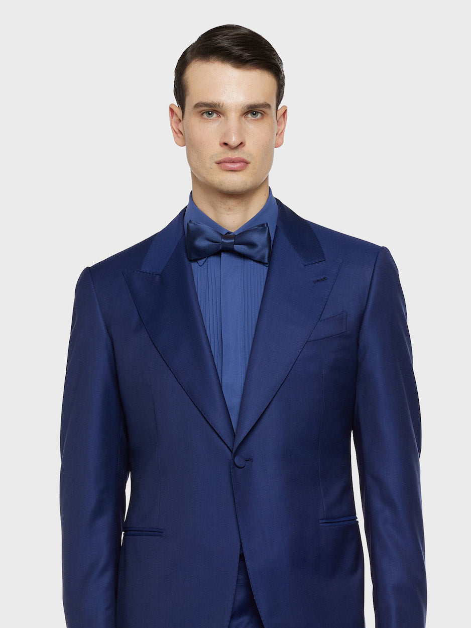 Abito carmen monopetto in lana e seta blu