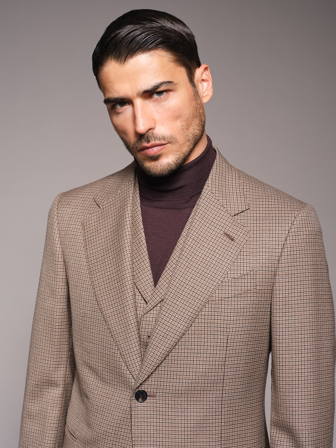 Abito Carmen monopetto con gilet in lana pied-de-poule marrone