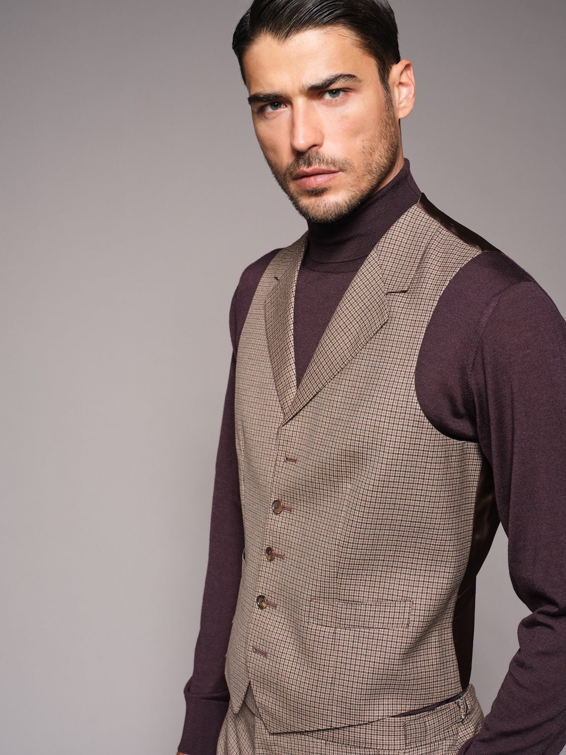 Abito Carmen monopetto con gilet in lana pied-de-poule marrone