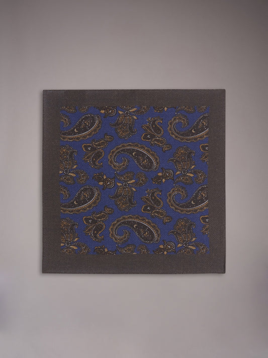 Pocket square in petrol blue wool paisley