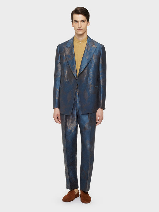 Double-breasted norma suit in blue linen and silk jacquard