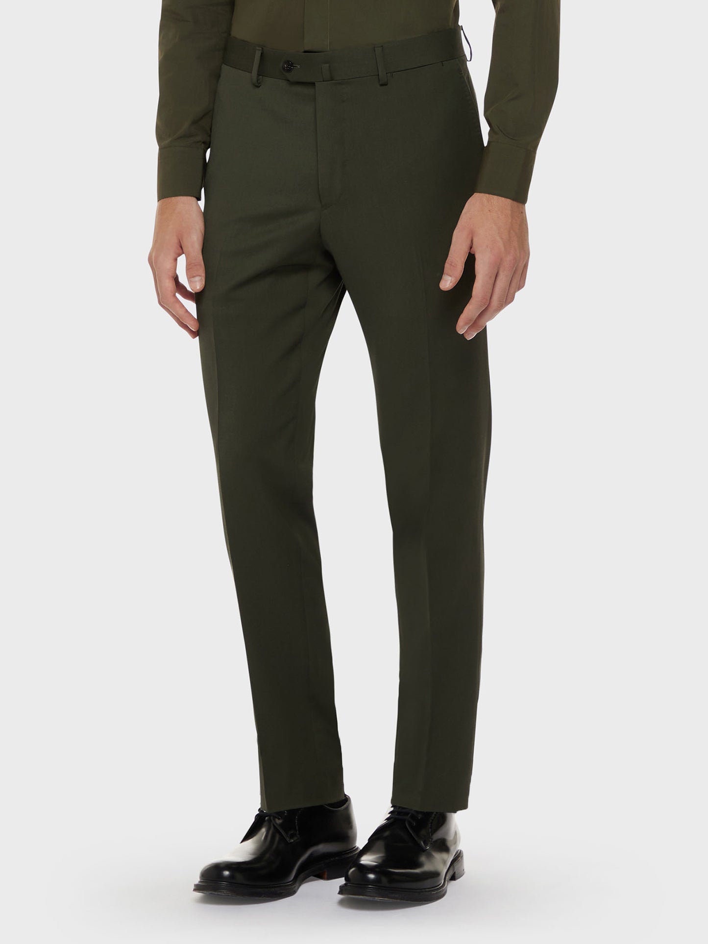 Caruso Menswear Abbigliamento Uomo Abito norma doppiopetto in lana tecnica verde drop 7R dettaglio pantalone