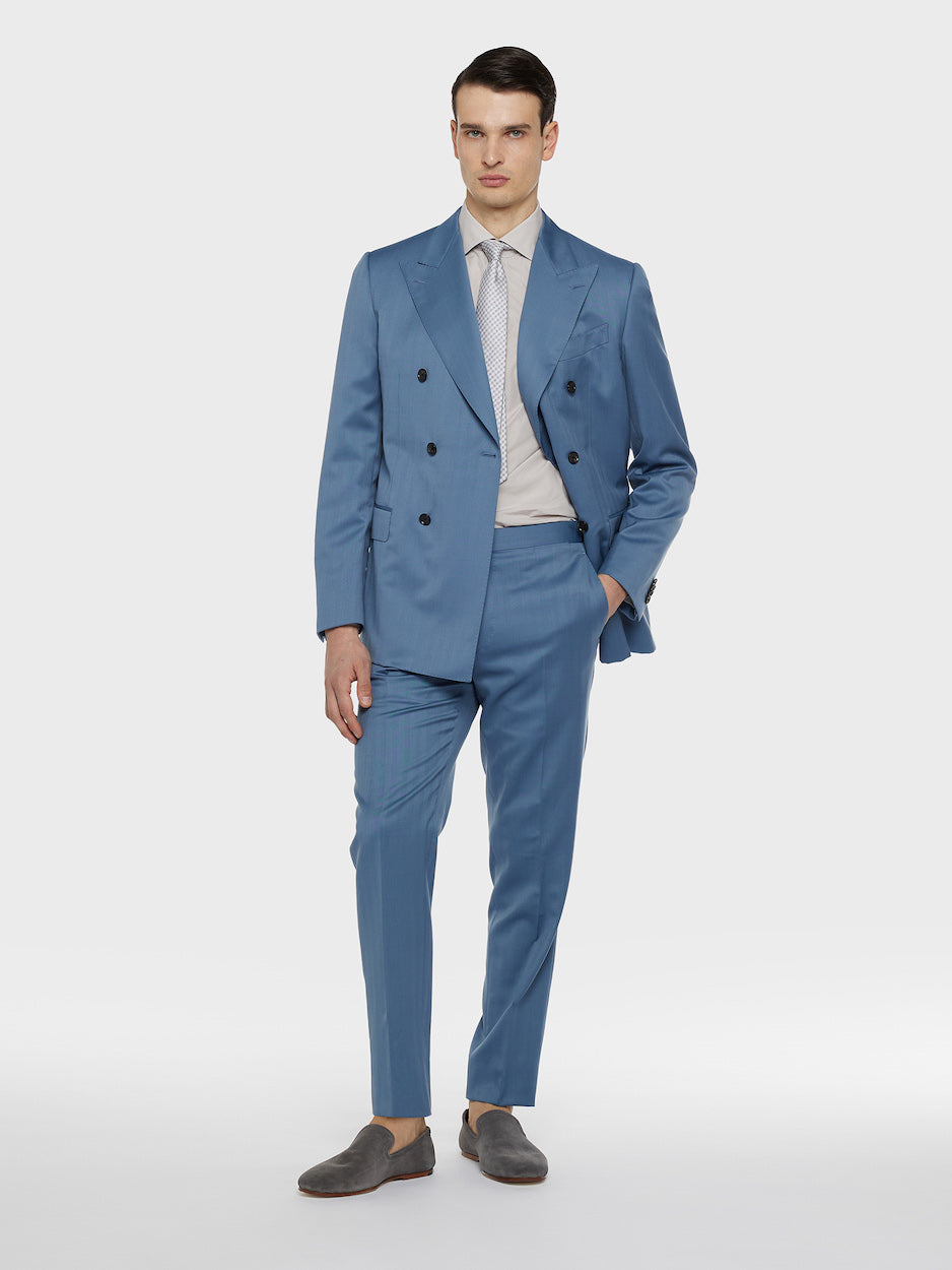 Light Blue Double-Breasted Norma Suit in Herringbone Wool