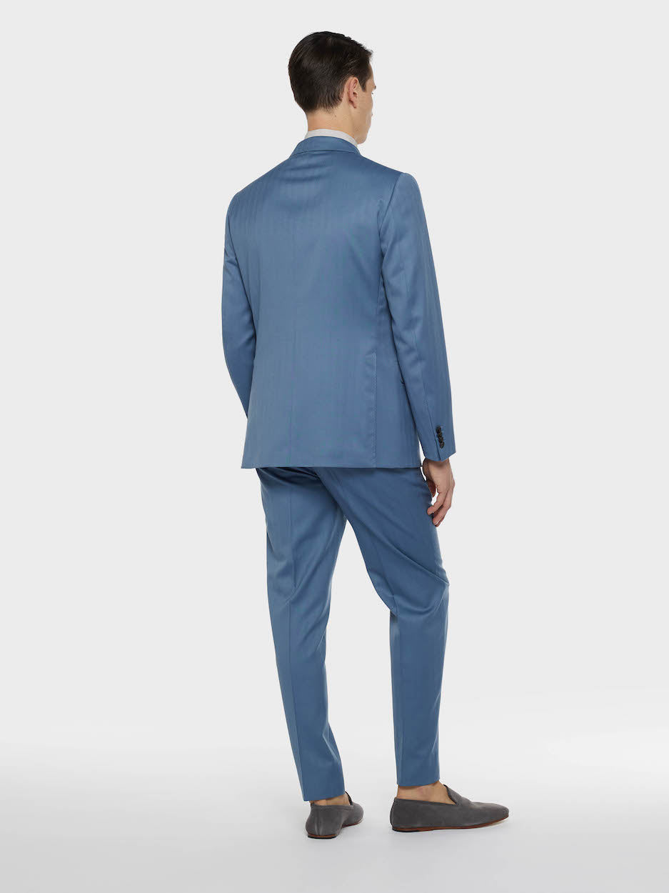 Light Blue Double-Breasted Norma Suit in Herringbone Wool