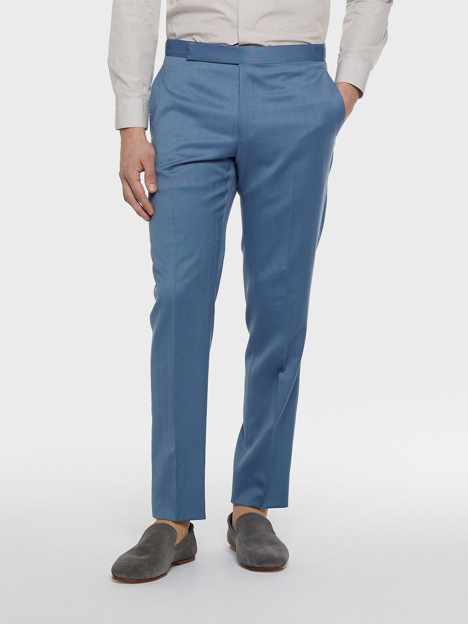 Light Blue Double-Breasted Norma Suit in Herringbone Wool