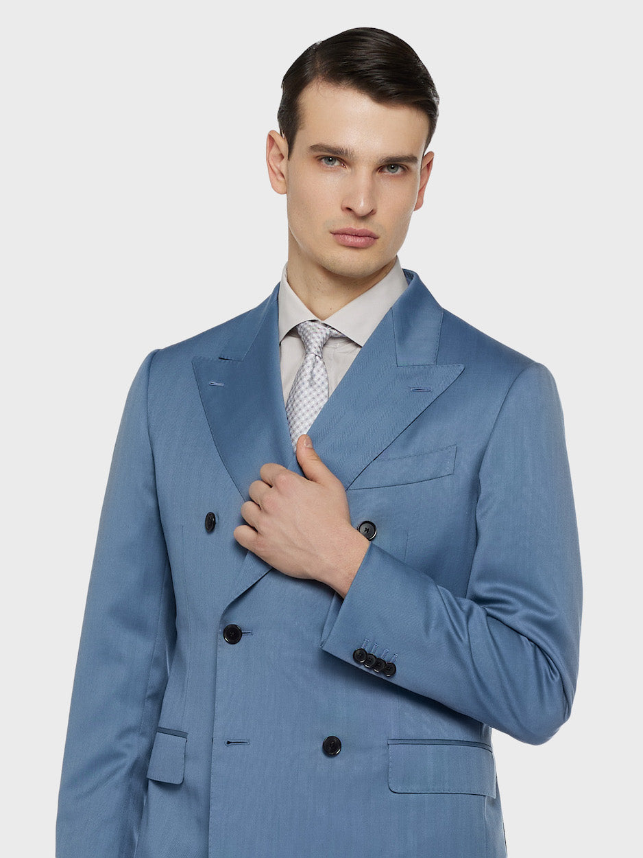 Light Blue Double-Breasted Norma Suit in Herringbone Wool