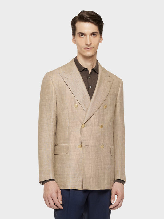Caruso Menswear Abbigliamento Uomo Giacche Giacca norma doppiopetto in lino e lana beige look 3