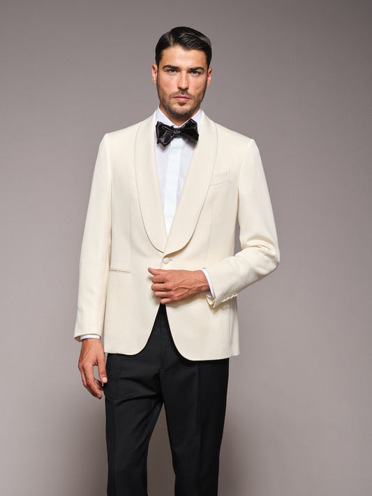 Norma single-breasted jacket with shawl lapel in white Barathea wool