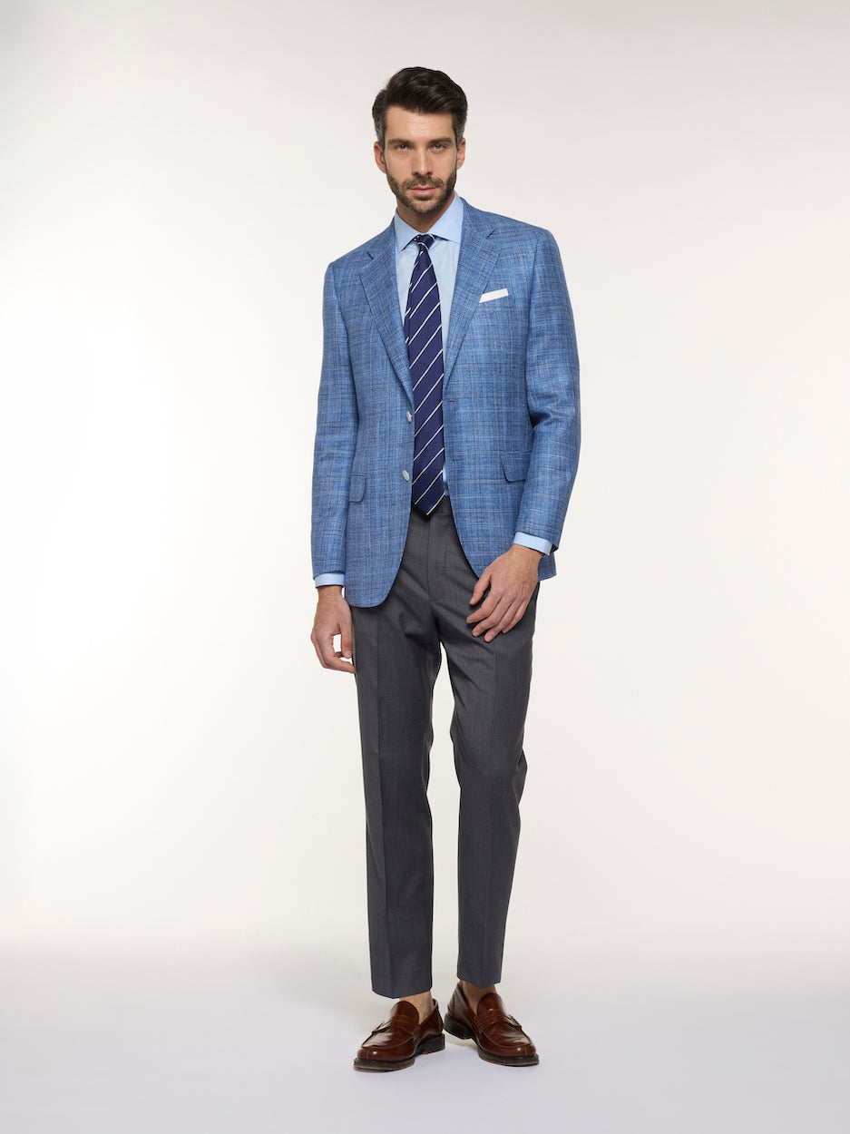 Light Blue Check Macbeth Jacket in Wool, Silk, and Linen