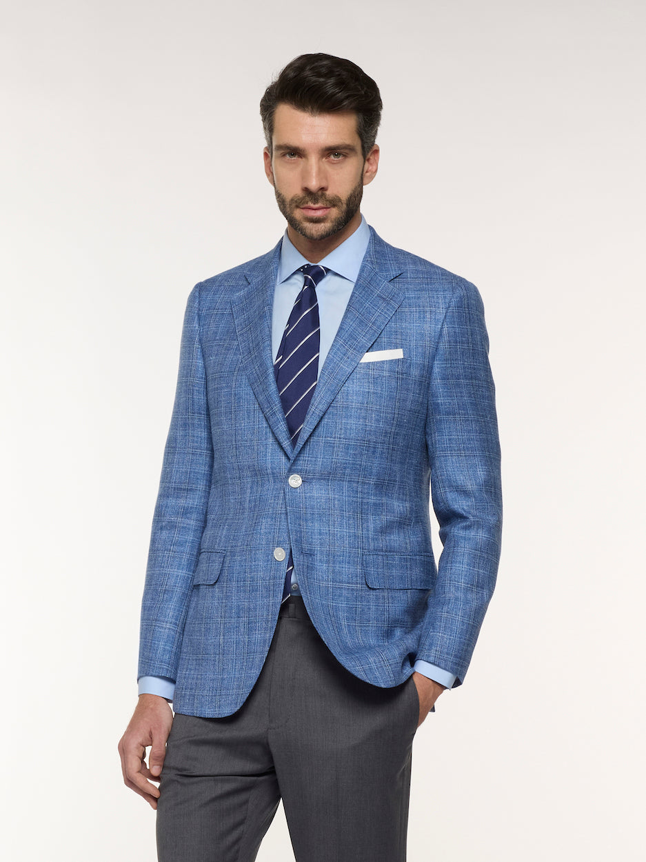 Light Blue Check Macbeth Jacket in Wool, Silk, and Linen