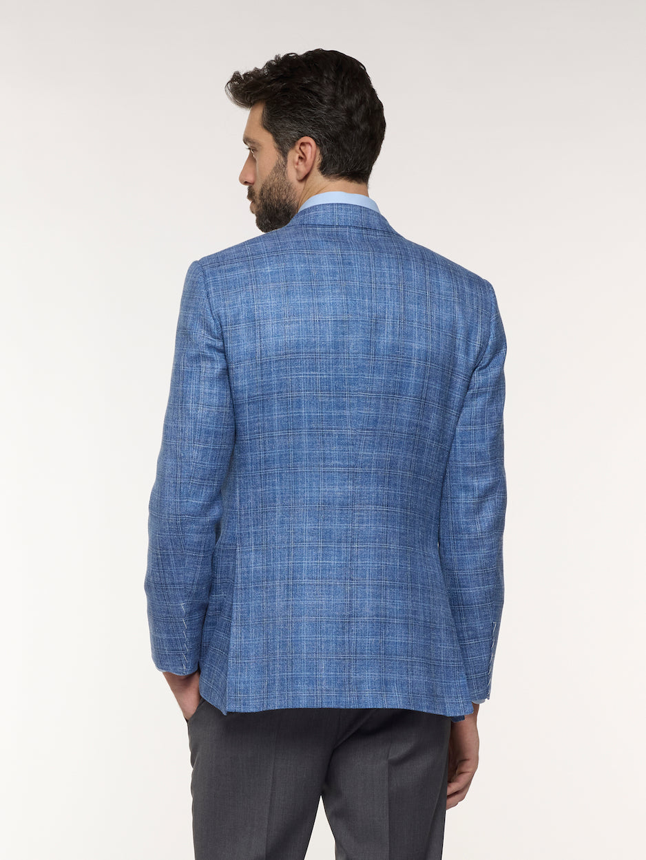 Light Blue Check Macbeth Jacket in Wool, Silk, and Linen