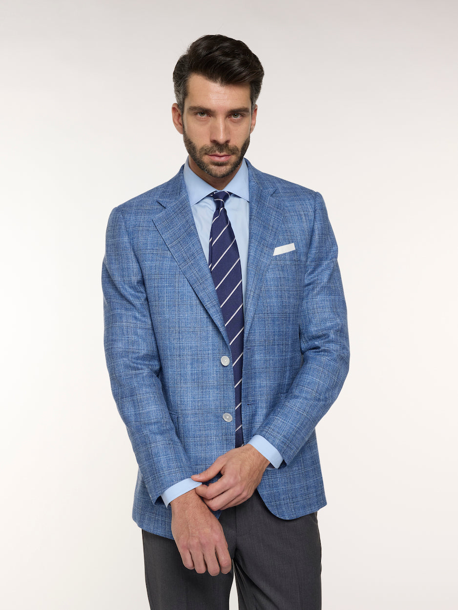 Light Blue Check Macbeth Jacket in Wool, Silk, and Linen