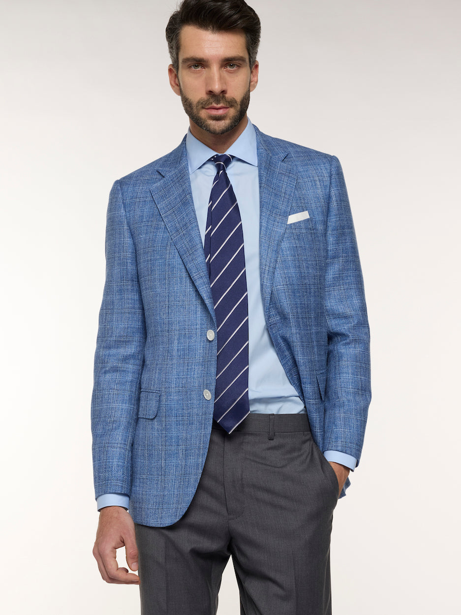 Light Blue Check Macbeth Jacket in Wool, Silk, and Linen