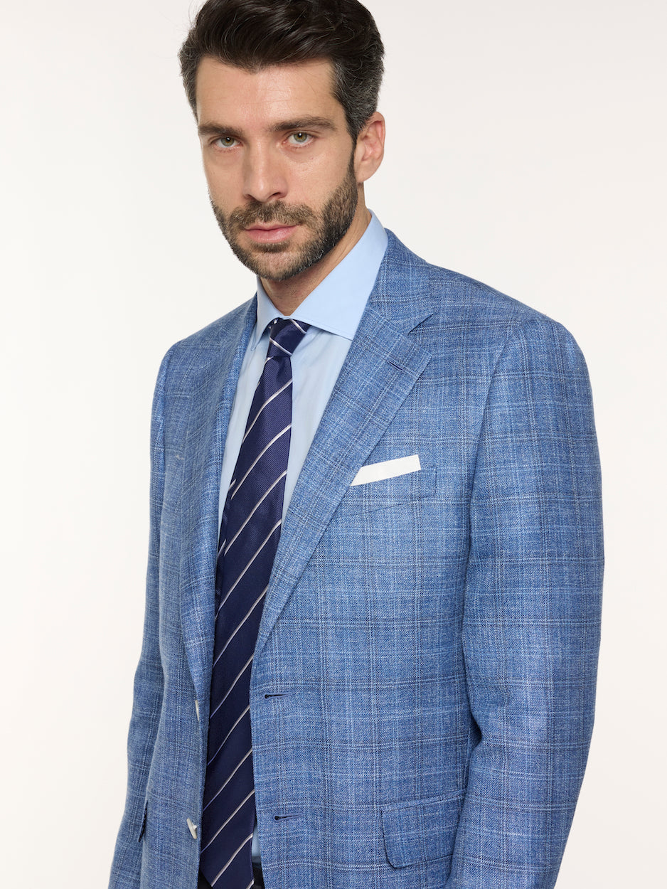 Light Blue Check Macbeth Jacket in Wool, Silk, and Linen