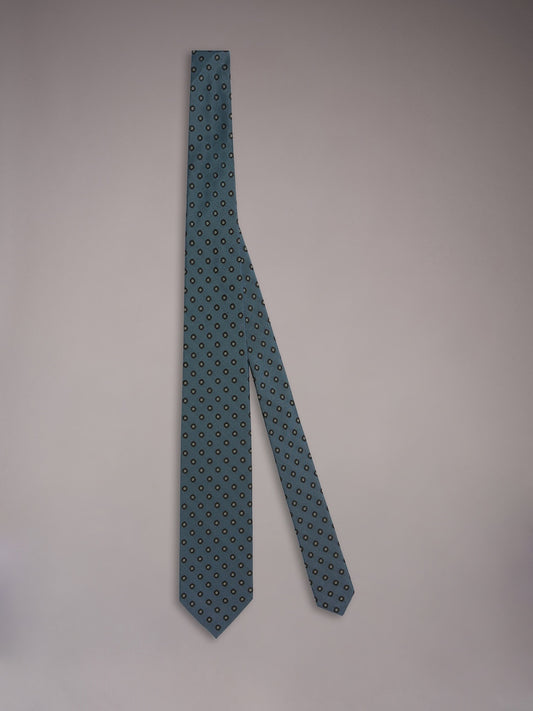 Seven-fold tie in blue silk with a floral motif