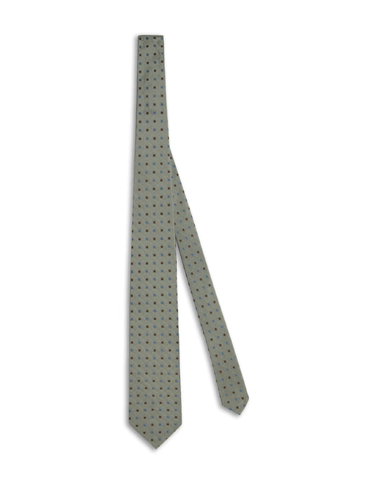 Cravatta sette pieghe grigia in twill di seta con motivo geometrico
