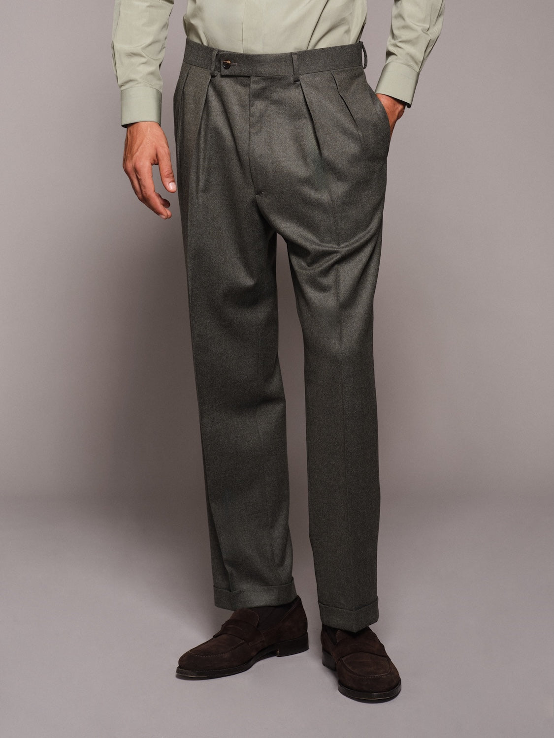 Pantalone a vita alta in flanella di lana verde
