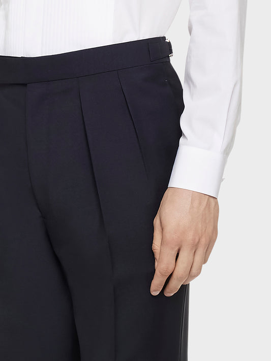 Caruso Menswear Abbigliamento Uomo Pantaloni Pantalone a vita alta in lana e mohair blu navy look 5