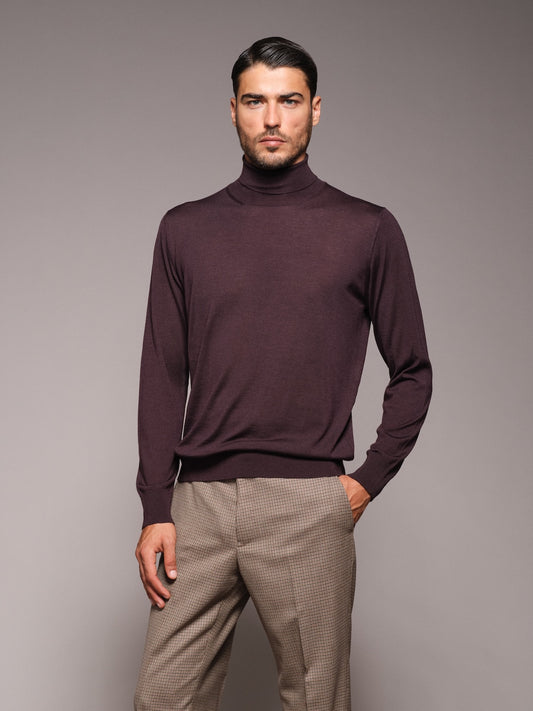Dolcevita in lana, seta e cashmere bordeaux