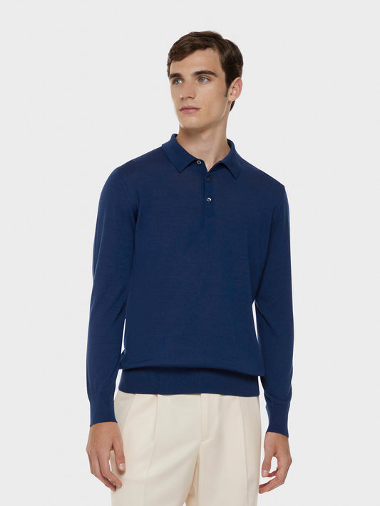 Caruso Menswear Abbigliamento Uomo Polo a maniche lunghe in lana, seta e cashmere blu indossato front